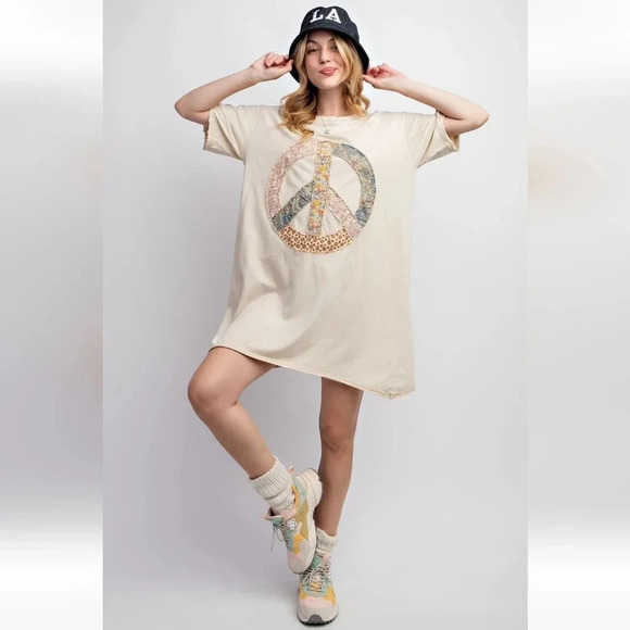 New! Easel Peace Patch Washed Cotton Jersey T-Shirt Tunic Dress L - Picture 6 of 6